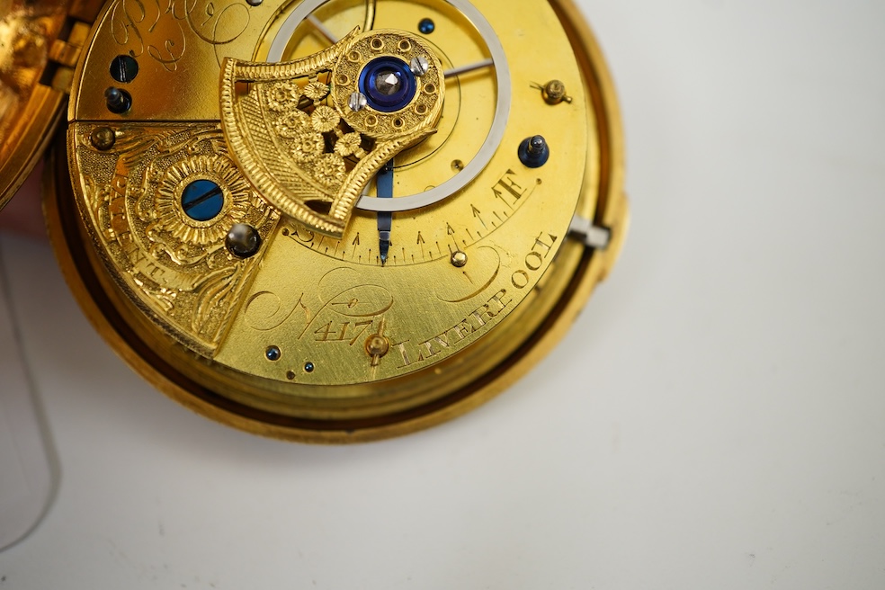 A George III silver gilt pair cased rack lever keywind pocket watch by P. Litherland & Co, Liverpool, with Roman dial and subsidiary seconds (hand missing)
